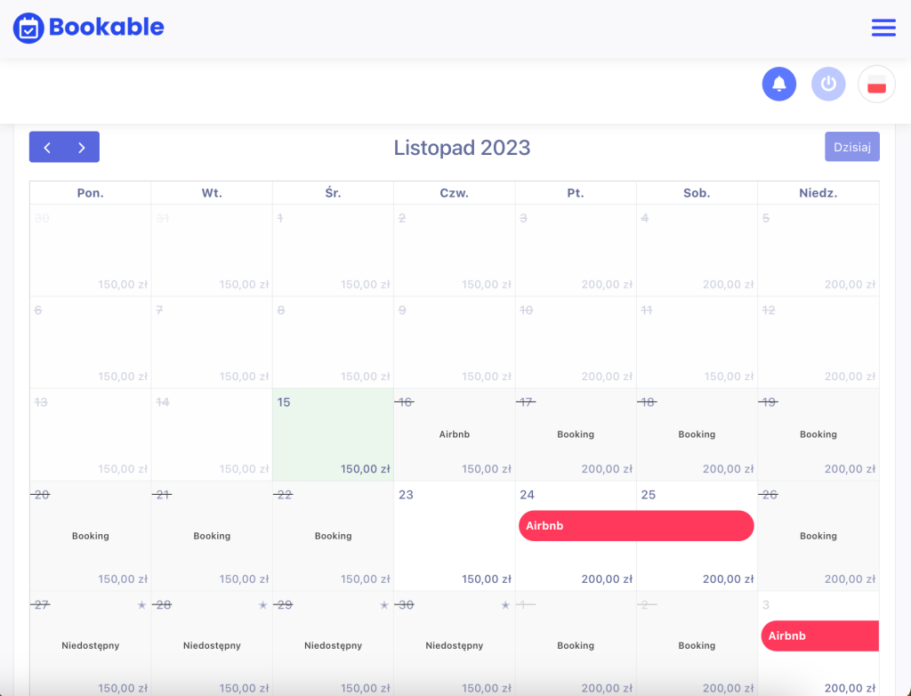 Booking calendar in the Bookable panel with bookings from Booking.com and Airbnb